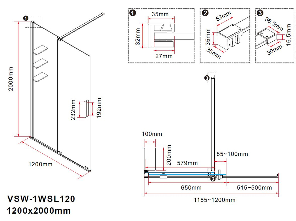 Душевая перегородка Волк-Ин (Walk-In) VSW-1WSL120CGGM, 1200*2000, вороненая сталь, стекло тонированное