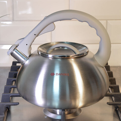 Чайник 3л нерж со свистком, матовый, логотип меняет цвет, ручка с силиконовым покрытием, "Daniks" DS