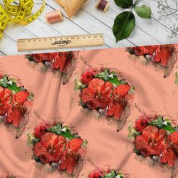 Ткань шифон красные цветы на оранжевом фоне