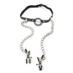 Кляп O-Ring Gag Nipple Clamps, соединенный цепочкой с клипсами для сосков груди Fetish Fantasy без бюстгалтера (Цвет: черный)