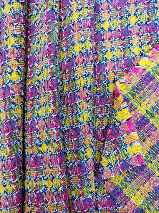 Твид шанель, клетка, розовый/желтый/голубой, хлопок