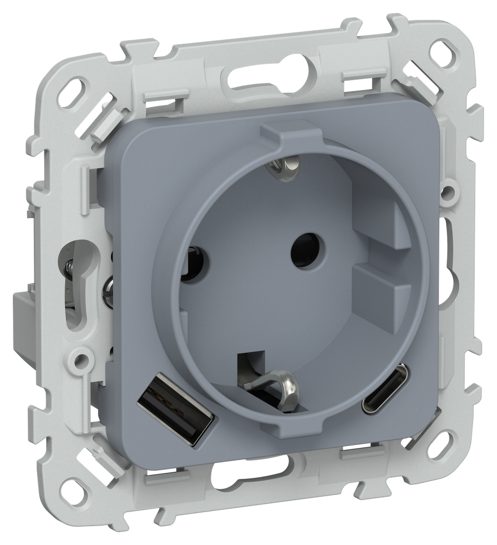 FLITE Розетка 1-местная с заземлением с защитными шторками 16А с USB A+C 20Вт безвинтовое крепление РСЮшс11-1-ФлМ маренго IEK