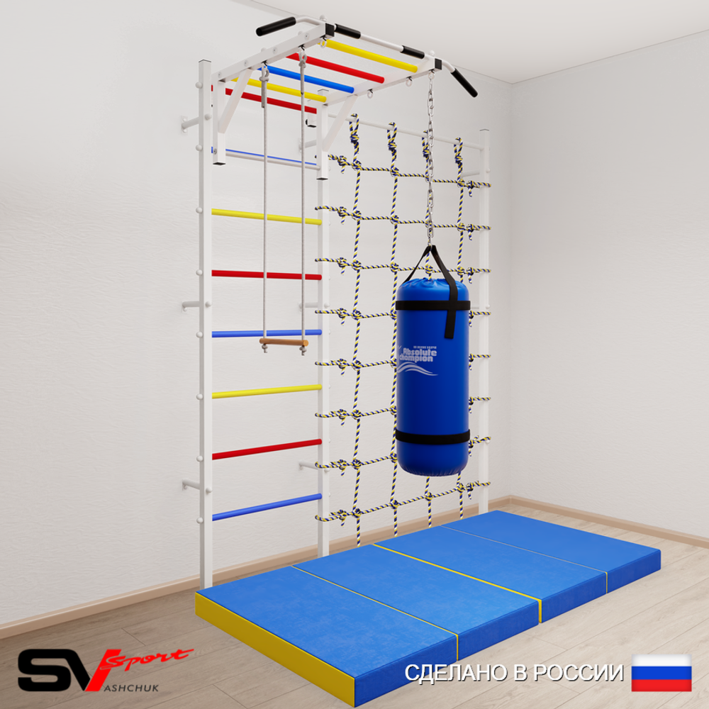 Шведская стенка Sv Sport усиленная 63270 (Турник рукоход/Трапеция/Цепь/Мешок 30кг/Мат 2м/Канатный лаз)