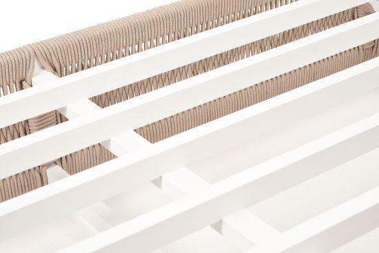 "Ривьера" шезлонг плетеный из роупа, каркас алюминий белый муар, роуп бежевый круглый, ткань бежевая 052