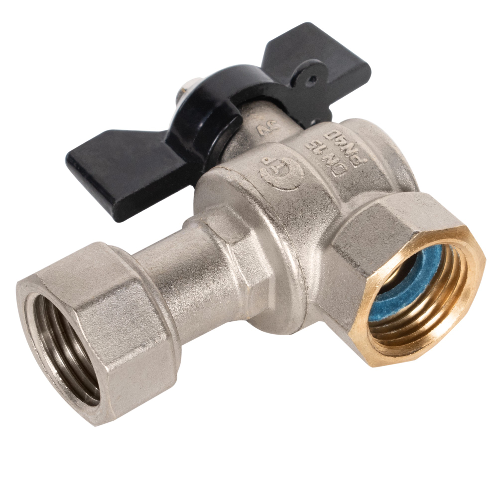 Кран шаровой латунный LD Pride 47.15.В-НкГк.У.Б Ду15 Ру40 угловой, с накидной гайкой (бабочка)