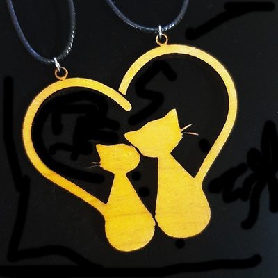 Парные кулоны "Кот и кошка". Натуральное дерево. Желтые