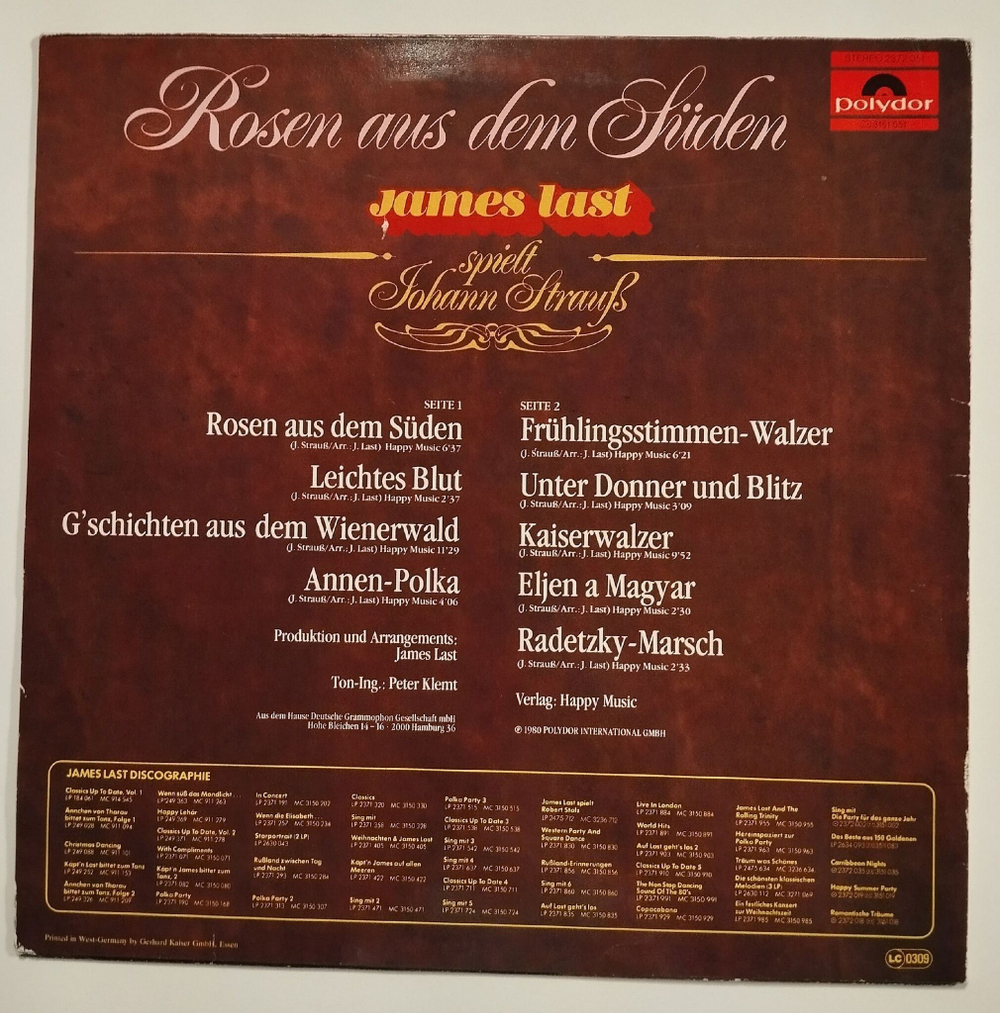 Винтажная виниловая пластинка LP James Last Spielt Johann Straus (Germany 1980)