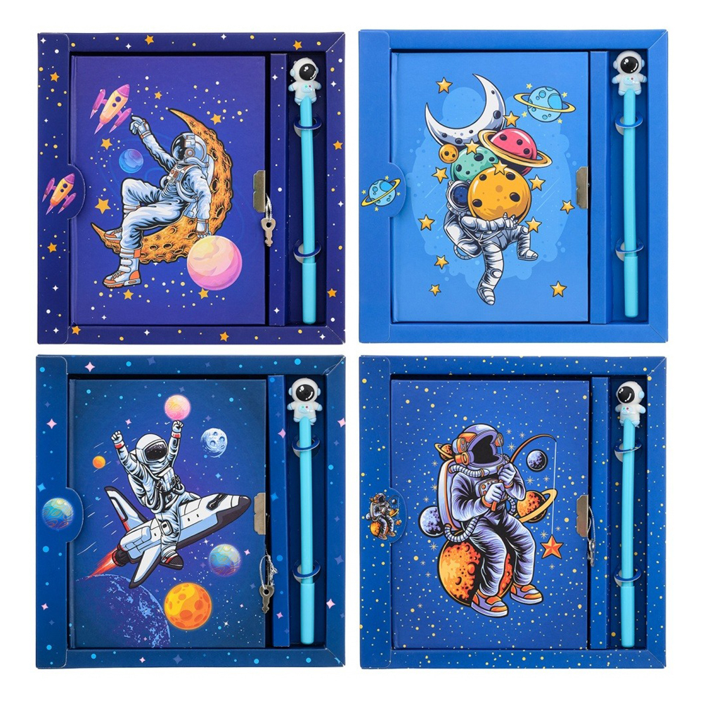 Блокнот детский Basir на замке, с ручкой, формат А6, серия "Космос", твёрдая обложка 7БЦ, 48 листов, размер 18*13 см