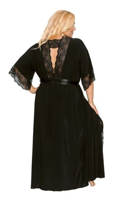 Длинный пеньюар с изящным кружевом и атласным поясом (Размер: 4X) (Цвет: темно-синий)