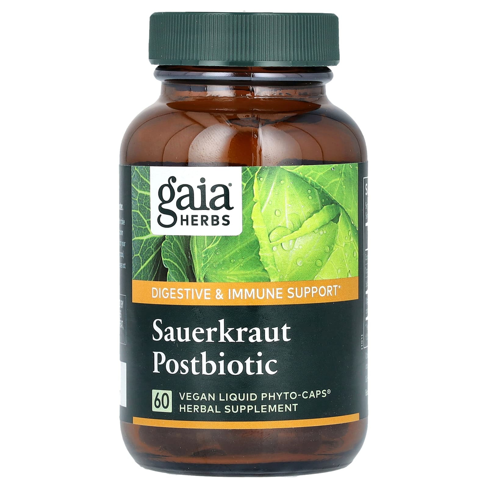 Gaia Herbs, Квашеная капуста Postbiotic, 60 веганских жидких фитокапсул (0,6 г в каждой капсуле)