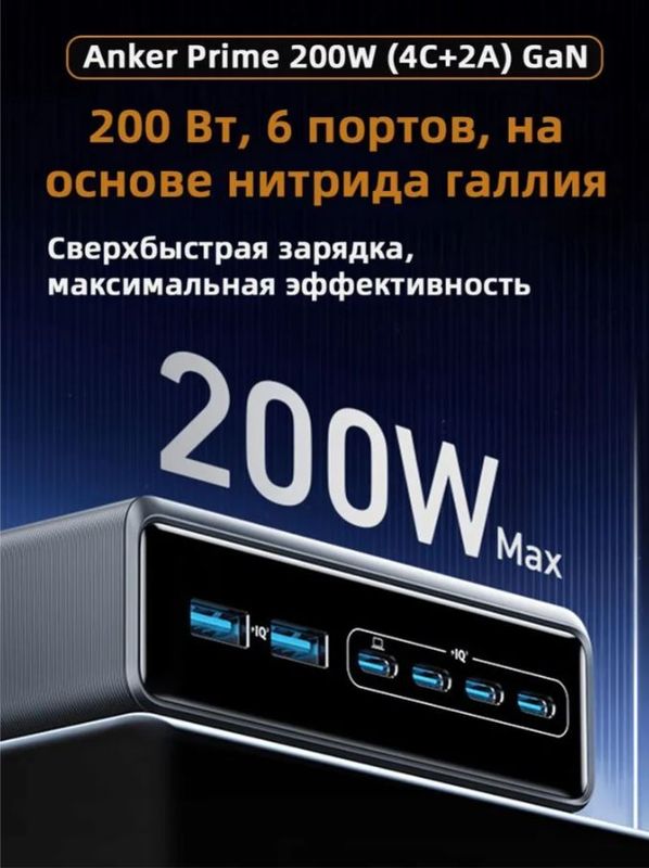 Сетевая зарядная станция Anker Prime Charger (A2683) 200W (4 Type-C (100W Max) + 2 USB-A Power Delivery) черная