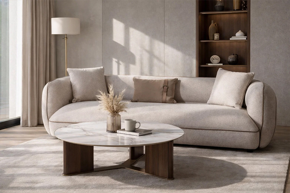 Диван Амели (Amelia) трехместный букле светлый 253x100x67см с бежевым кантом Garda Decor