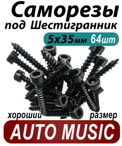 Саморезы под шестигранник 5 х 35 мм черные 64 шт для динамиков акустики автомобильные набор (размер шестигранника 4 мм.)(HEX 4) для колонок твитеров и сабвуфер. Саморез для динамиков