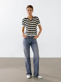 Massimo Dutti Свитер поло из смесового хлопка в полоску, черный