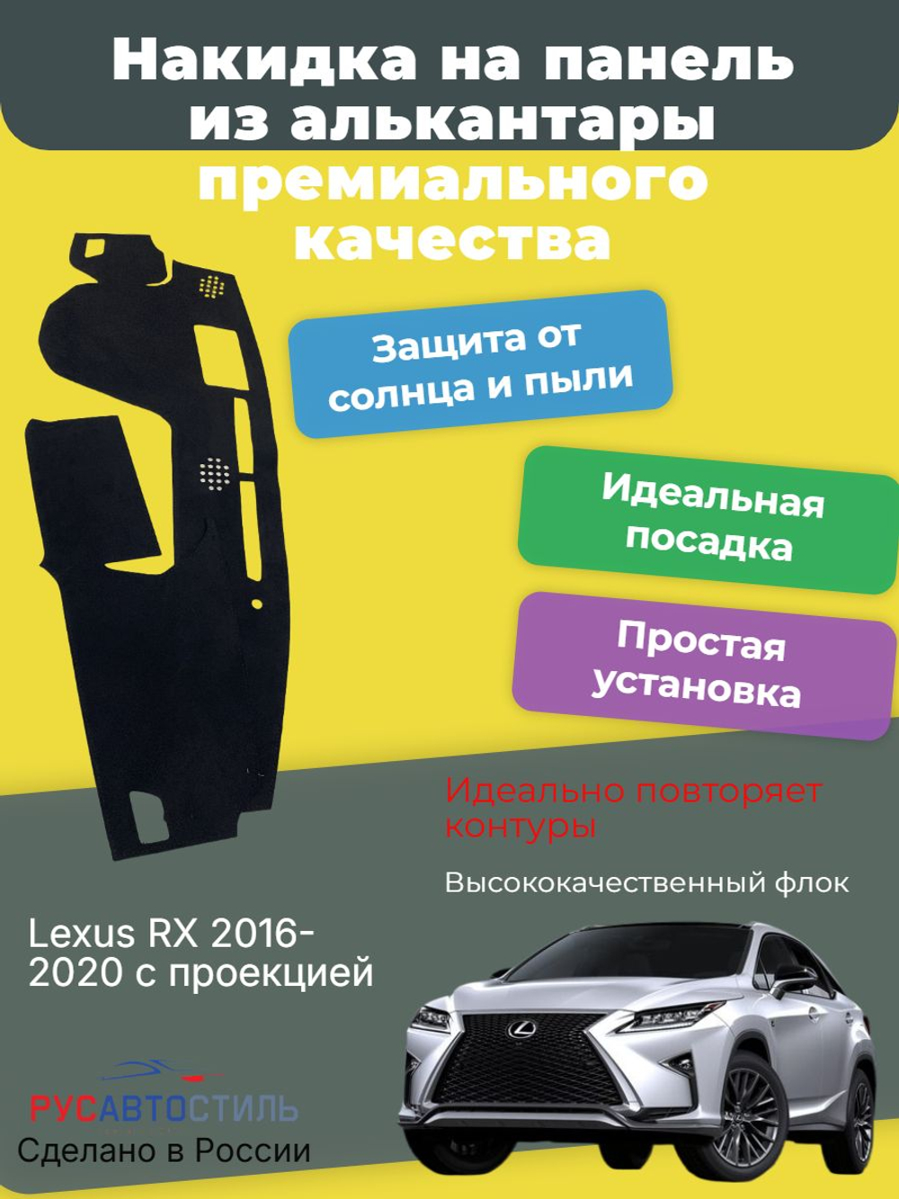 Накидка на панель из алькантары на Lexus RX 2016-2020 с проекцией