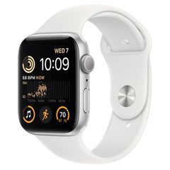 Умные часы Apple Watch Series SE Gen 2 44мм из алюминия серебристого цвета, белый спортивный ремешок (M/L 150–200mm)