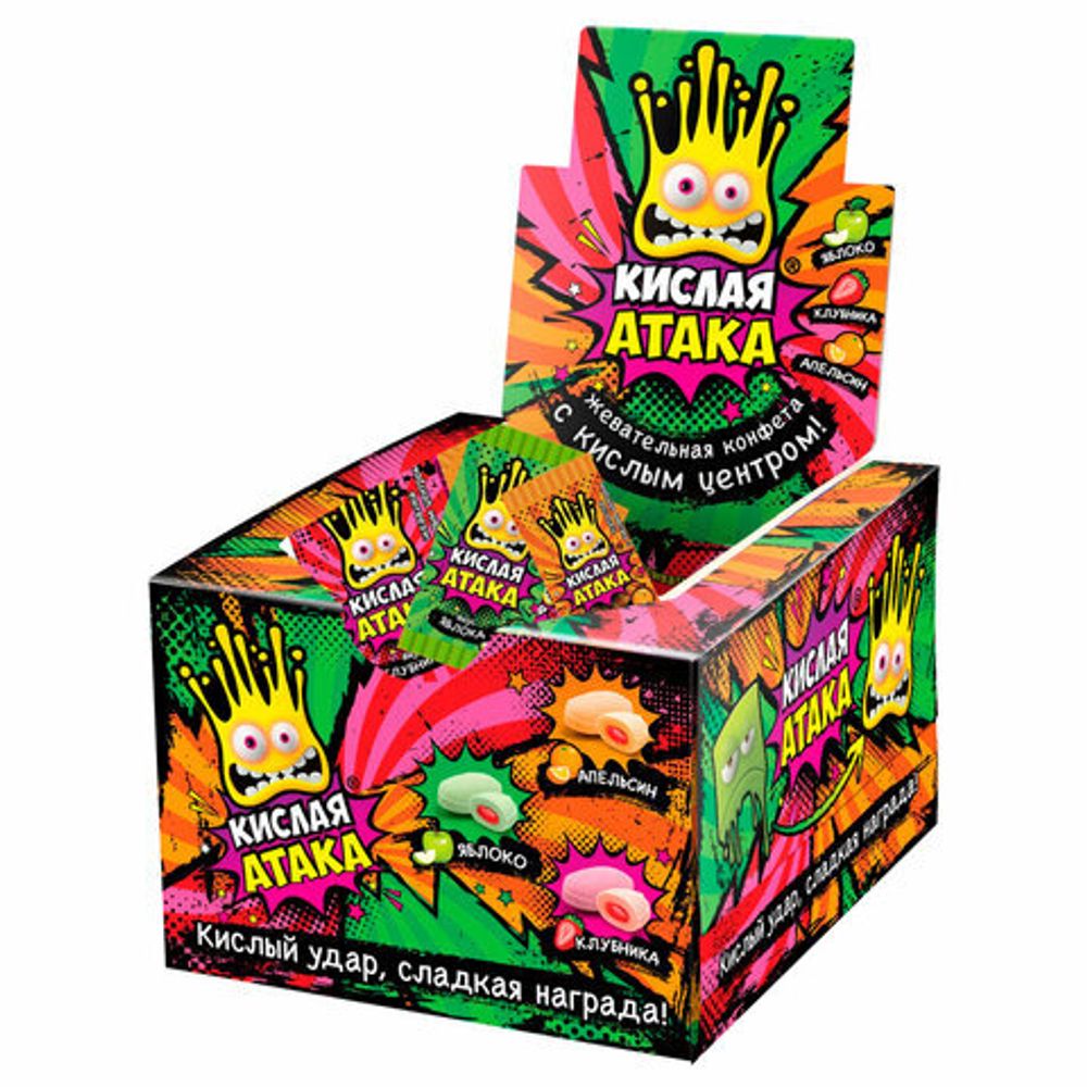 Конфета жевательная КИСЛАЯ АТАКА с кислым центром, ассорти 3 вкусов, 4,5 г, KA-1-1
