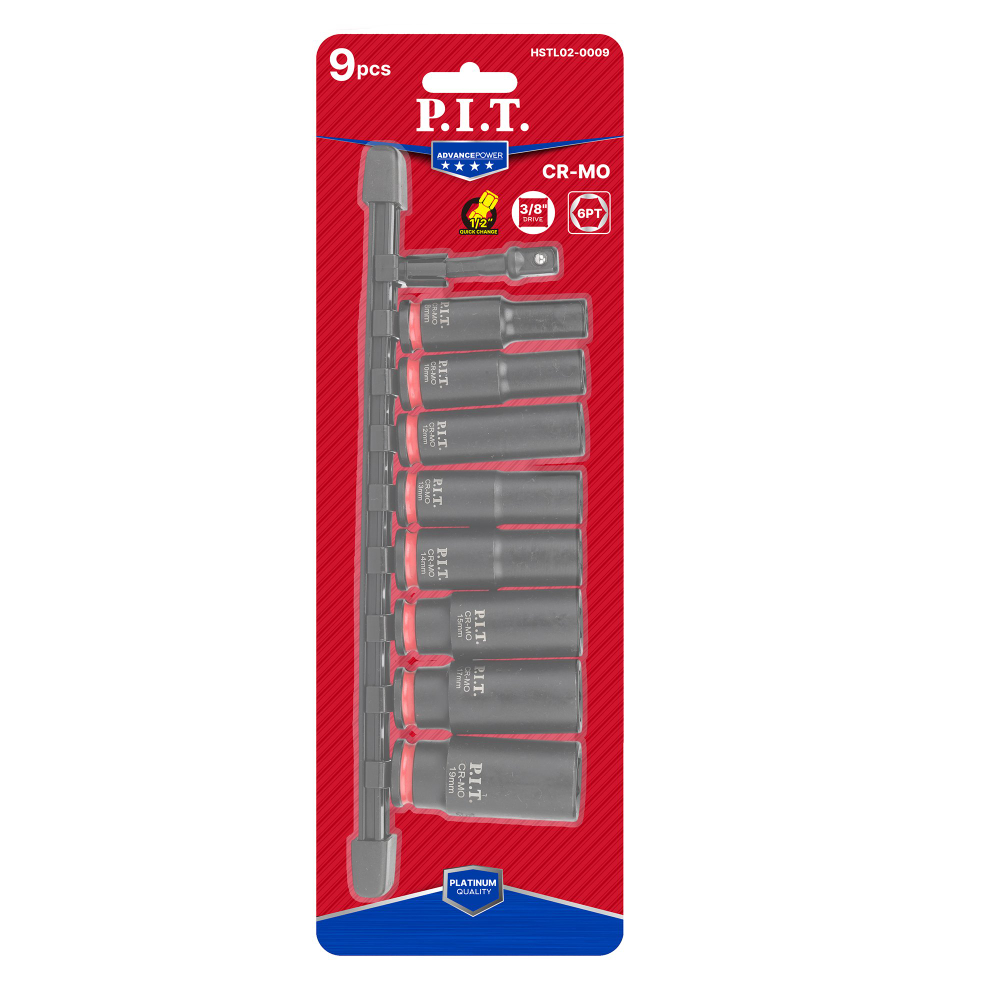 Набор головок торцевых ударных P.I.T. ADVANCE HSTL02-0009 (9шт, 3/8", HEX 8-19мм, 78мм, 42CrMo)
