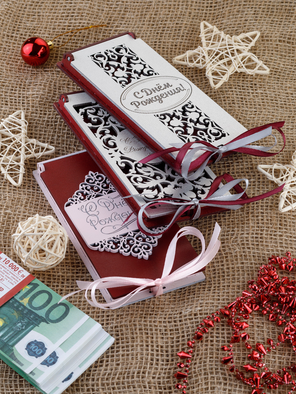 Купюрница деревянная, покраска акрил, с атласной леной