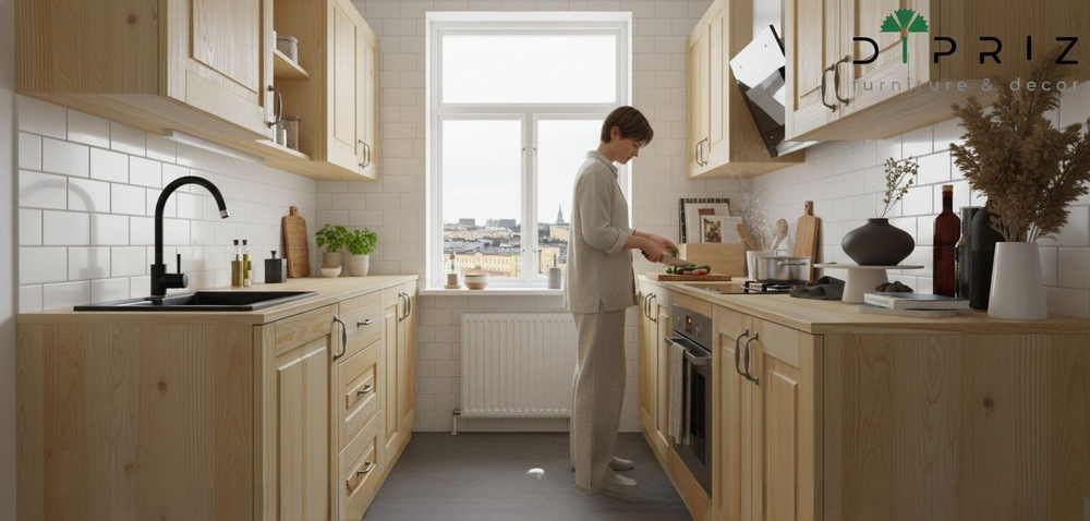 Кухонный модуль напольный, 60х60х85, Стокгольм Натур, под духовой шкаф, с ящиками, со столешницей, массив дерева, в лаке, Dipriz