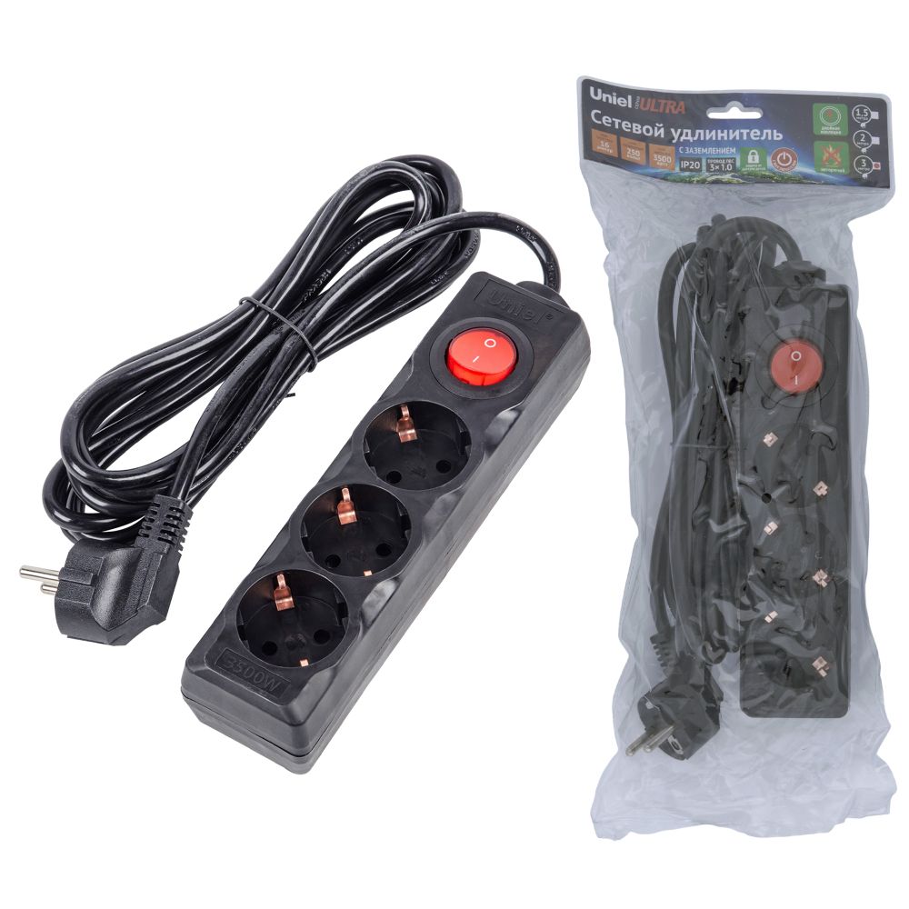 S-GCU3-3B BLACK Удлинитель серии Ultra. шнур 3м.. 3 гнезда. 16A. с-з. Черный. TM Uniel