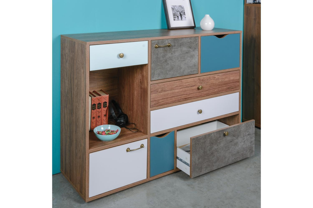 Комод Вайс 10.104, Морское дерево Винтаж, Камень Темный, Бензин, Белый премиум