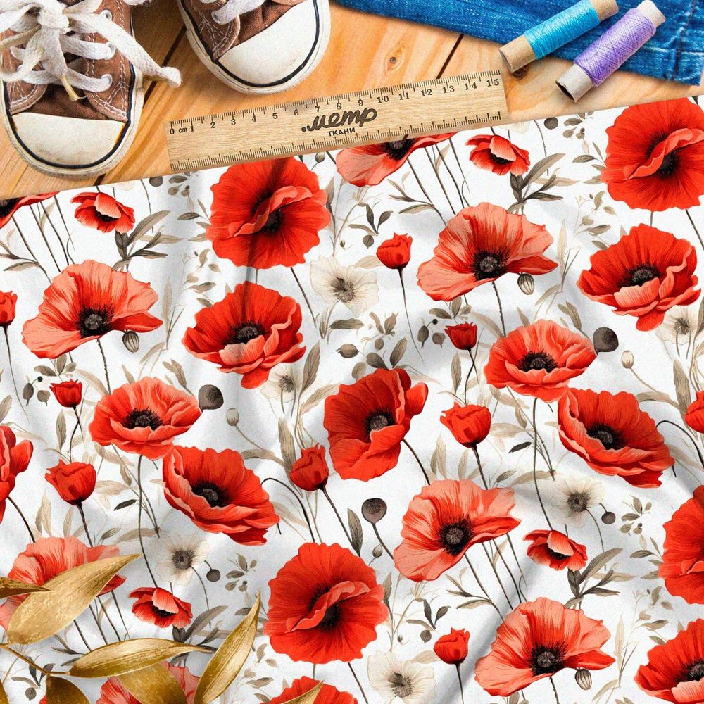 Ткань премиум атлас поле красных маков