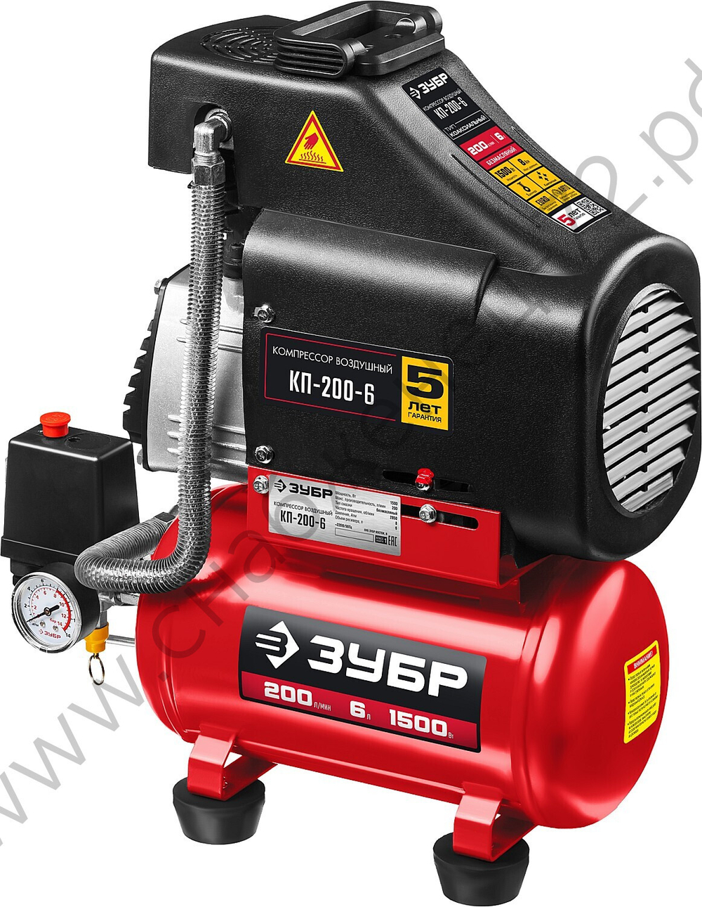 ЗУБР 200 л/мин, 6 л, 1500 Вт, безмасляный компрессор (КП-200-6)