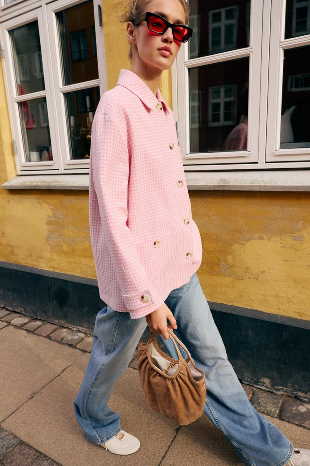 ZARA КУРТКА В КЛЕТКУ ВИШИ, РОЗОВЫЙ/БЕЛЫЙ