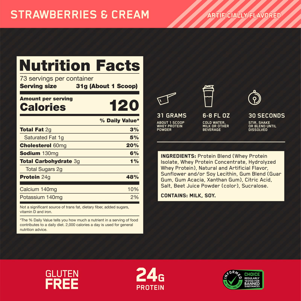 Optimum Nutrition, Gold Standard 100% Whey, сыворотка, клубника и сливки, 2,26 кг (4,98 фунта)