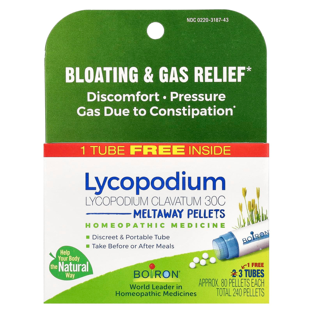Boiron, Lycopodium, от вздутия живота и газообразования, гранулы Meltaway, 30C, 3 пробирки, 80 гранул в каждой