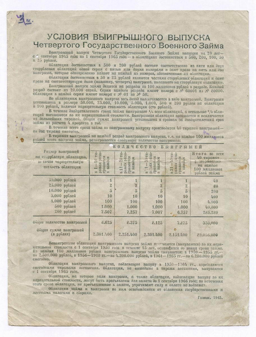 Четвертый государственный военный заем 1945 года. Облигация на сумму 100 рублей. VG-F