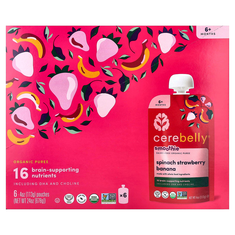 Cerebelly, смузи, органическое пюре без молочных продуктов, для детей от 6 месяцев, шпинат, клубника и банан, 6 паучей по 113 г (4 унции)