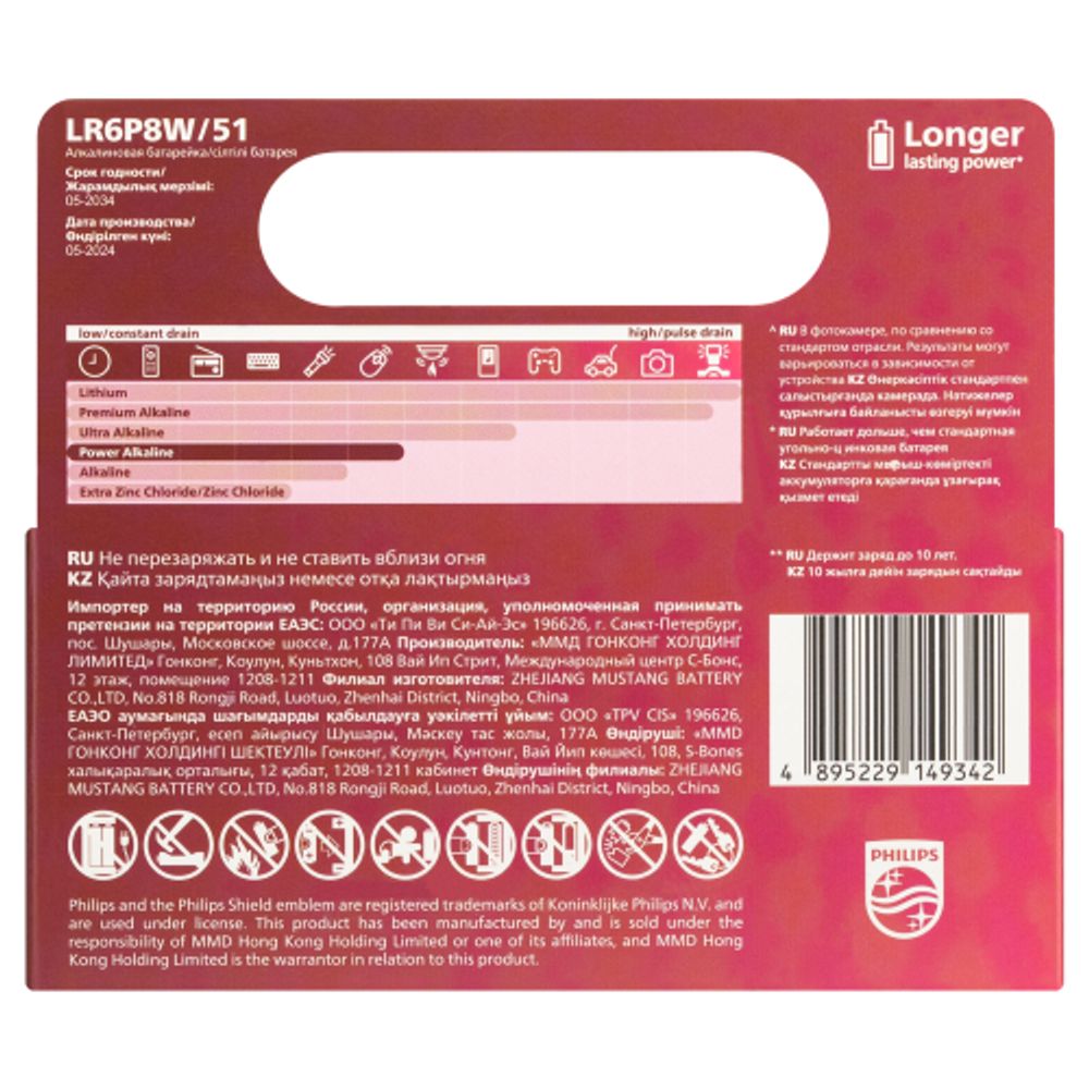 Батарейки Philips LR6P8W/51 АА алкалиновые 1,5v 8 шт. LR6-8BL Power | Philips