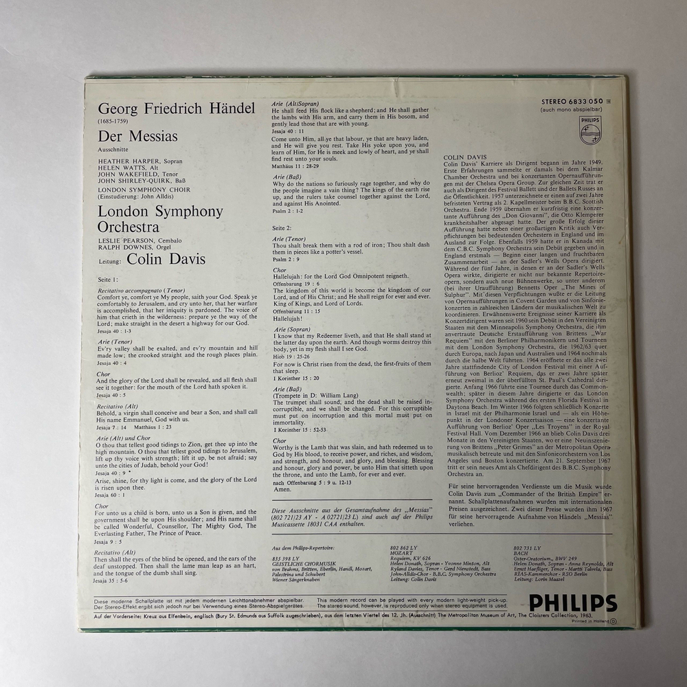 Винтажная виниловая пластинка LP Handel Гендель, London Symphony Orchestra / Colin Davis Highlights From Messiah Основные моменты из Мессии (Нидерланды 1974)