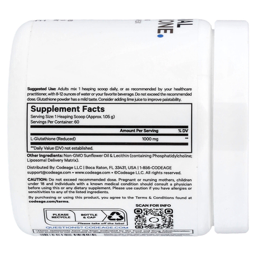 Codeage, Липосомальный глутатион в порошке, без добавок, 63 г (2,22 унции)