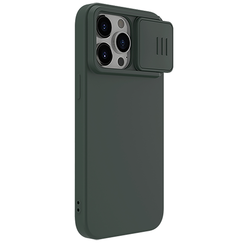 Чехол с MagSafe и с шелковистым покрытием темно-зеленого цвета (Foggy Green) от Nillkin для iPhone 15 Pro Max, серия CamShield Silky Magnetic Silicone Case