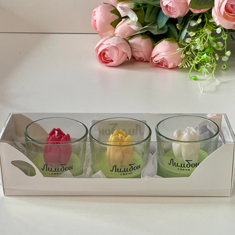 Набор ароматических свечей Белый, Желтый и Красный тюльпаны