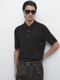 Massimo Dutti Трикотажный свитер-поло из мериносовой шерсти, черный
