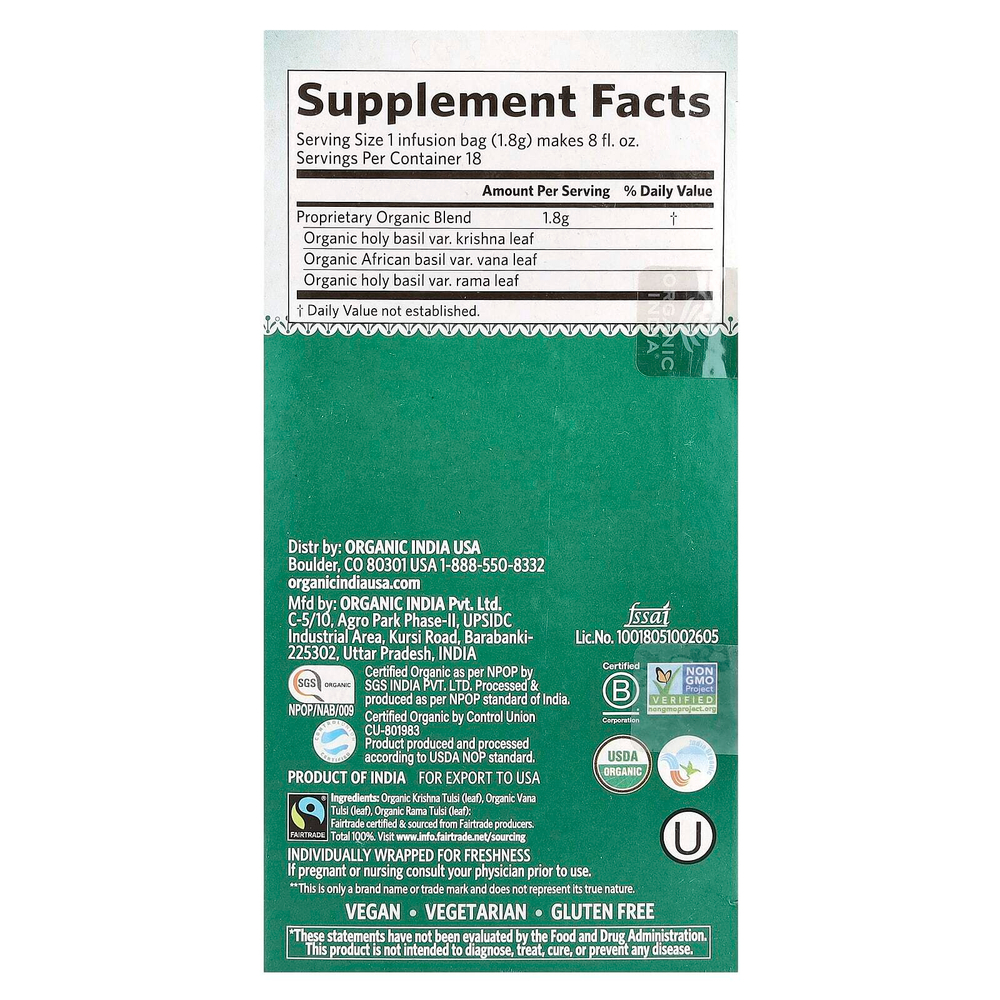 Organic India, оригинальный чай тулси, без кофеина, 18 пакетиков для заваривания, 32,4 г (1,14 унции)