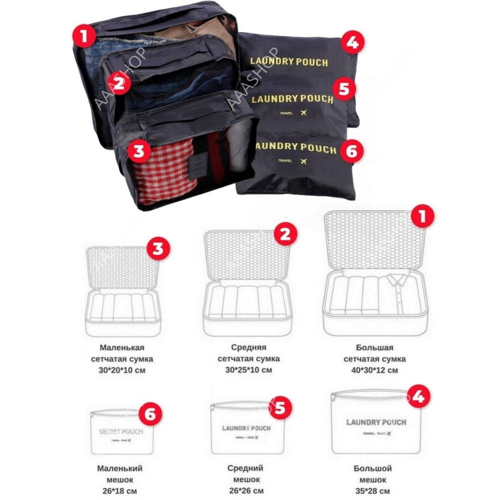 Органайзер для хранения вещей, Чехол для сумки, чемоданов "Laundry Pouch" комплект 6шт.