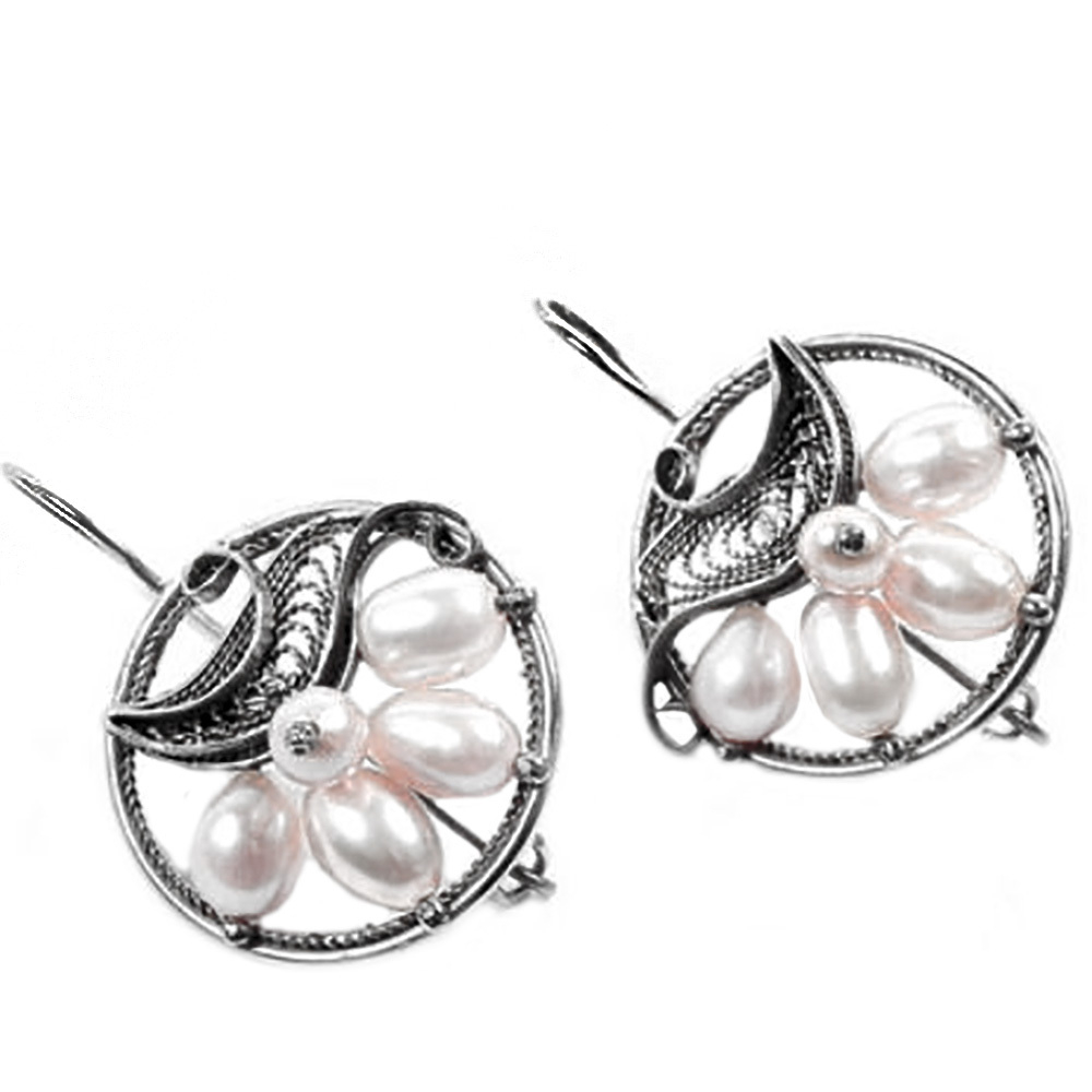 Серьги "Малинка" жемчуг, скань асс.