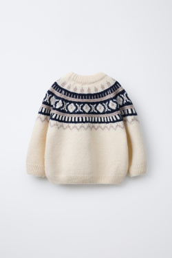 ZARA ЖАККАРДОВЫЙ ТРИКОТАЖНЫЙ ДЖЕМПЕР, ЭКРЮ/СИНИЙ