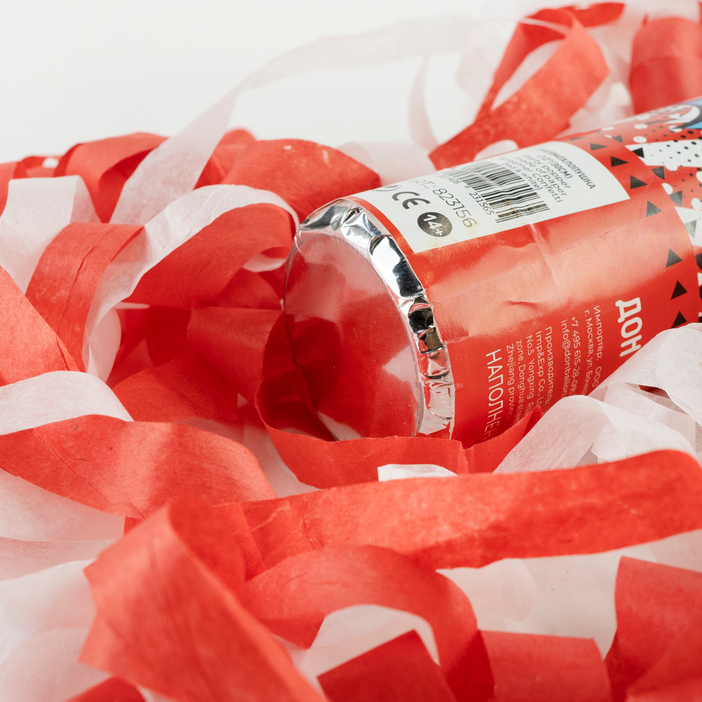 Пневмохлопушка (12/30 см), Цирк, Яркий праздник, Серпантин тишью, Красный/Белый