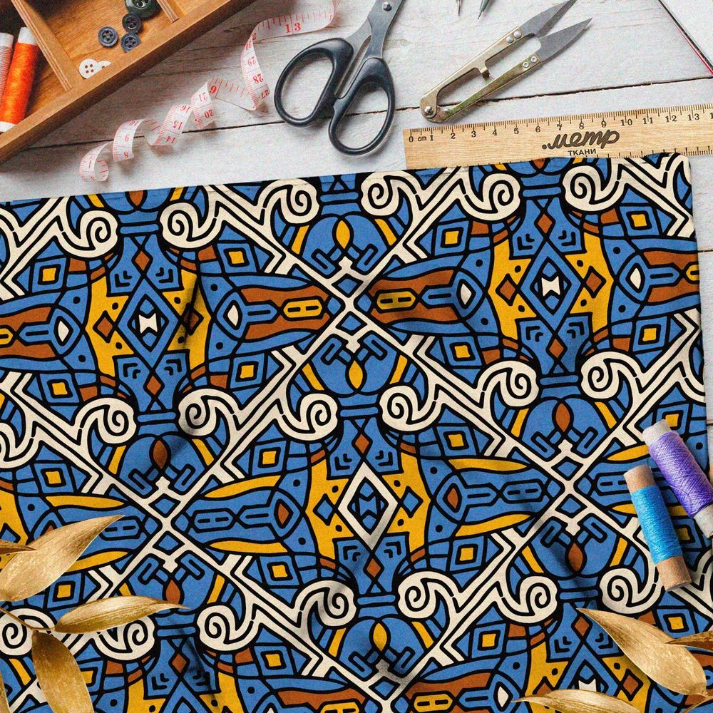 Ткань интерлок синий египетский узор