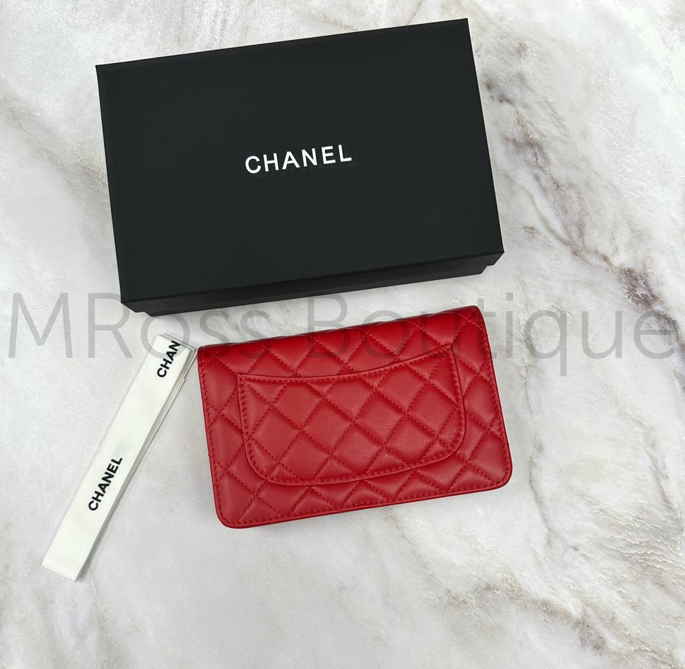 Классический красный кошелек на цепочке Chanel Woc премиум класса