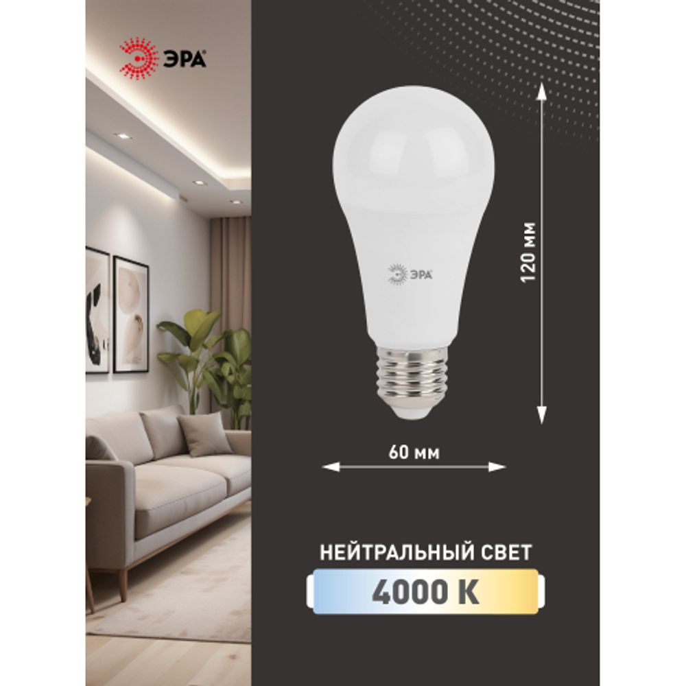 Лампа светодиодная ЭРА STD LED A60-17W-840-E27 17Вт груша нейтральный белый свет Е27 | Лампы cветодиодные Груша (A)