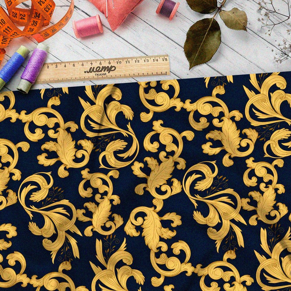 Ткань атлас золотые завитки листьев на чёрном фоне