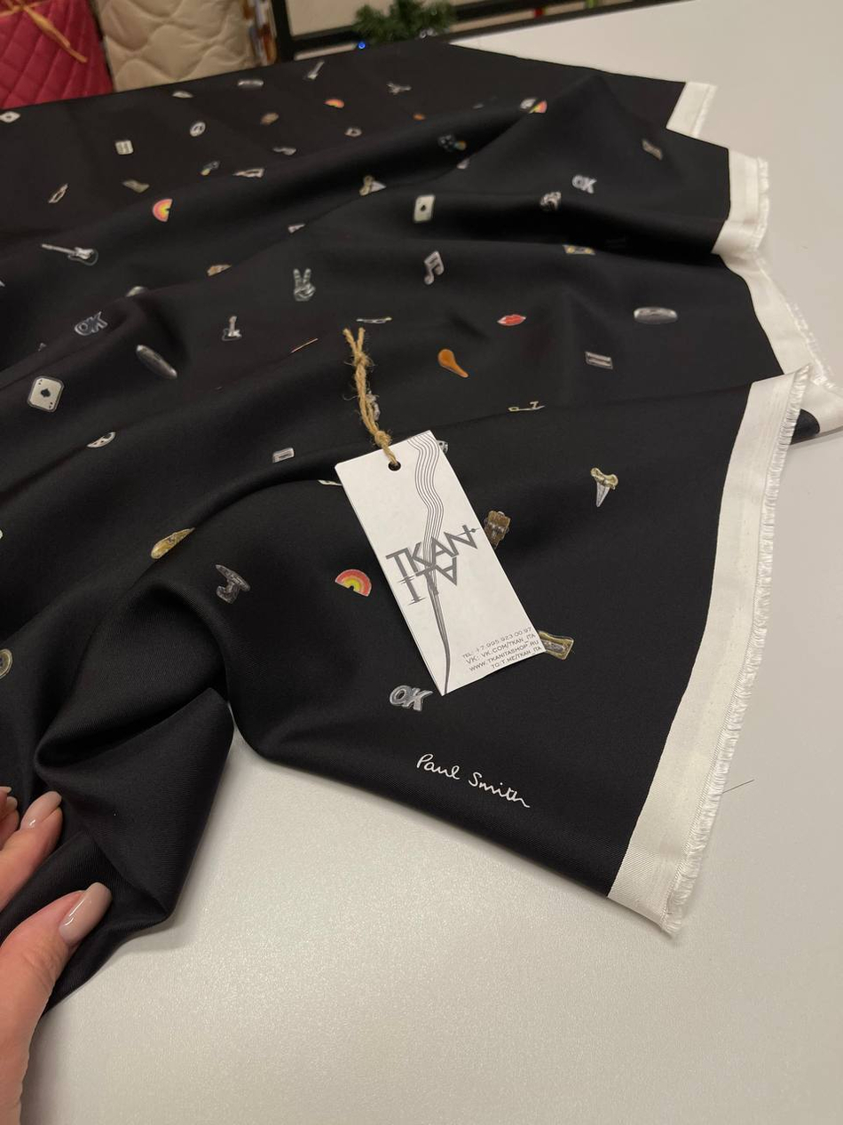 Купон - кашне шелковый (необработанный) (Paul Smith, 180, 45, Черный фон/мелкие пиктограммы и надпись бренда, 100%шелк)