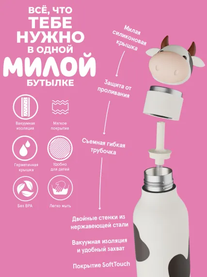 Бутылка для холодных и горячих напитков Asobu Bestie 460 мл, корова
